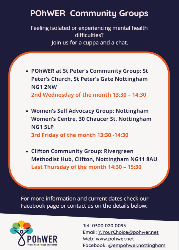 Do you live in #Nottingham? Are you feeling isolated or experiencing #mentalhealth difficulties? Join us at our free monthly community support groups for a cuppa & a chat and find out all about #advocacy and how to speak up for yourself. Find out more: pohwer.net/nottingham-vol…