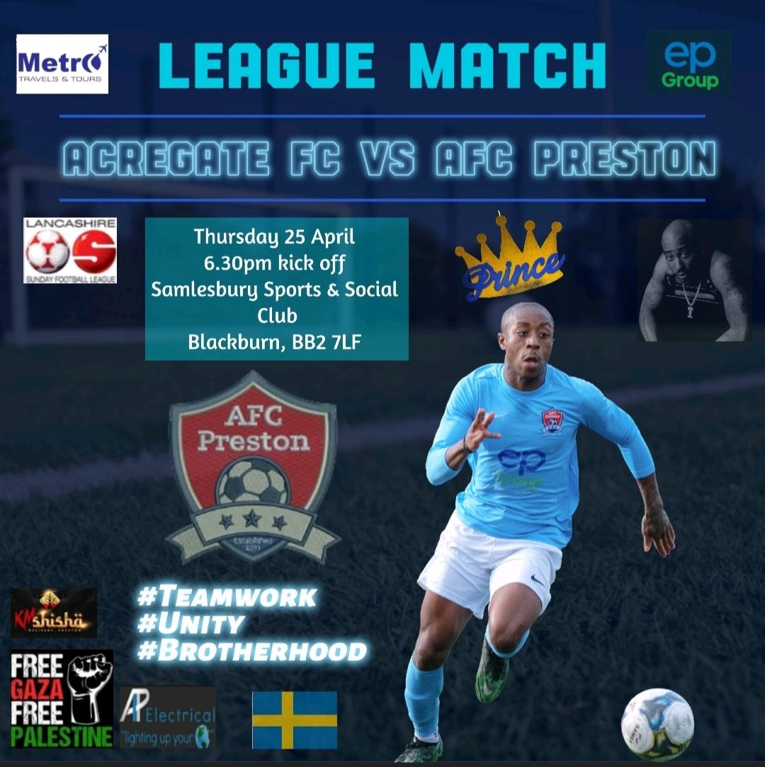 7 cup finals remain and the games are coming in thick and fast!
This Thursday evening the lads are away to League Cup finalists Acregate Lane FC, always an entertaining battle against a tough side 💪🏽

Come down and support the lads 👇🏾 🔥

#RogersArmy #AFCFamily #Brotherhood