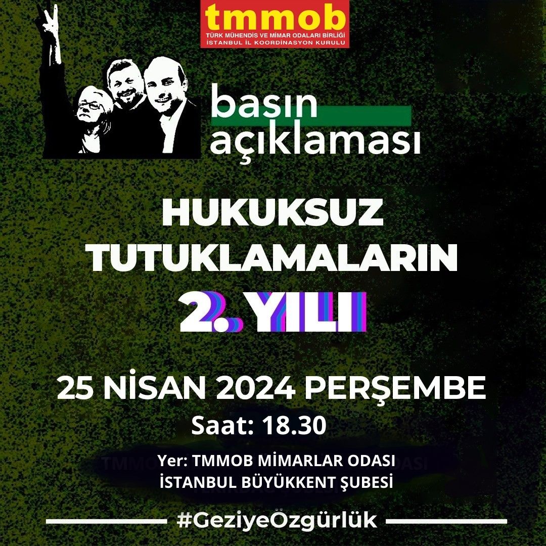 En büyük onurumuz, Gezi Direnişi'ne ilişkin açılan davadaki hukuksuz tutuklamaların 2. yılında bir araya geliyoruz! Gezi tutsaklarına özgürlük, #GeziyeÖzgürlük! 📆25 Nisan Perşembe ⏰18.30 📍TMMOB Mimarlar Odası İstanbul Büyükkent Şubesi