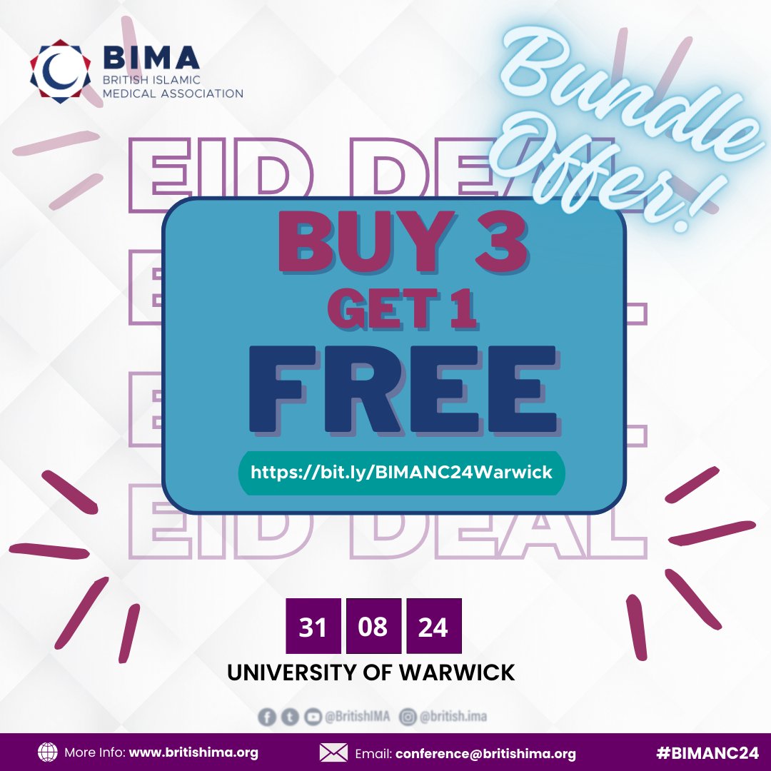 🚨 Eid Bundle Offer 🚨 Want to bring your friends along? This is for you! 🎁 4 tickets for the price of 3 🎁 Works out at... 🧮 🎟️ Student bundle at £37.50 per ticket 🎟️ All other bundles at £52.50 per ticket Limited Tickets Available Don’t wait 👉 bit.ly/BIMANC24Warwick