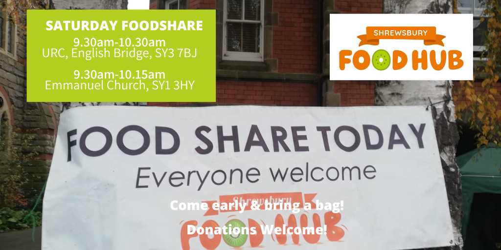 #Foodshares  Sat 4 May
👉Emmanuel Church, Mount Pleasant Road, Shrewsbury SY1 3HY
⏰9.30am – 10.15am
👉URC Church, English Bridge, Coleham Head, SY3 7BJ
⏰9.30-10.30am
shrewsburyfoodhub.org.uk/foodshare-time…
#InBelliesNotBins #HubLove #climateaction #reducefoodwaste #TastyWasteSolutions