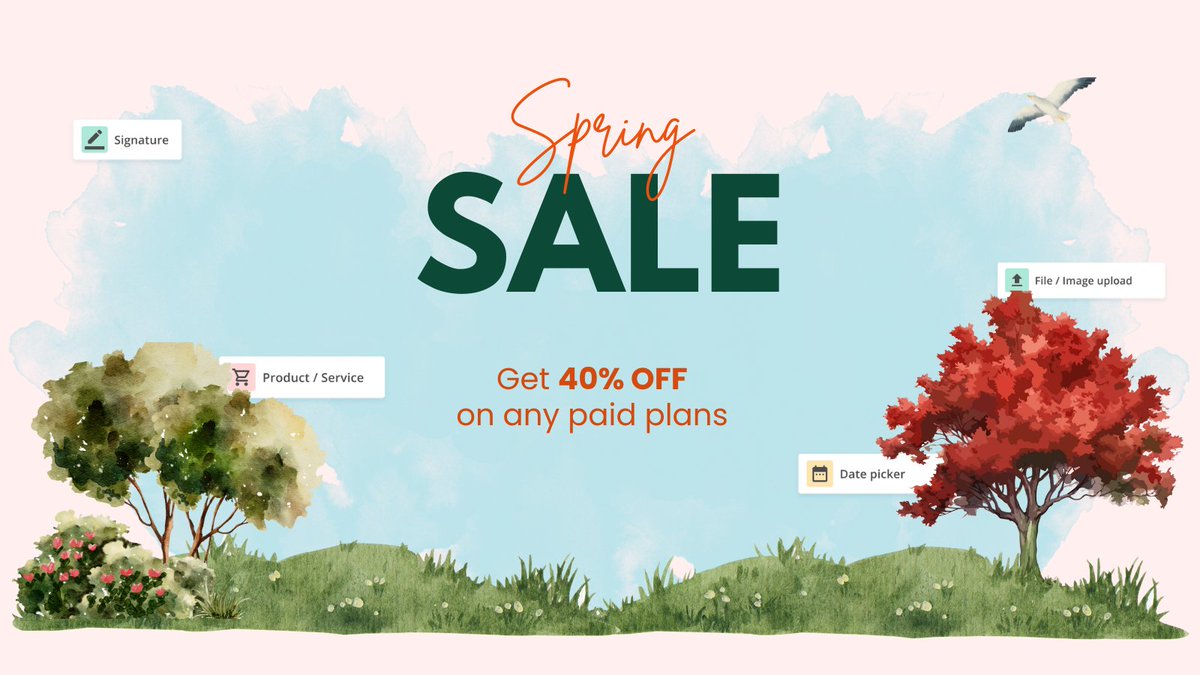 🌸🔔Spring Sale Alert 🔔🌸 Upgrade to a superior plan for MORE forms and fan-favorite features: payments, calculations, upload field, and more! Get the most out of this spring with 40% savings on your 123FormBuilder plan upgrade. Don’t wait, do it today! 123formbuilder.com/spring-sale/