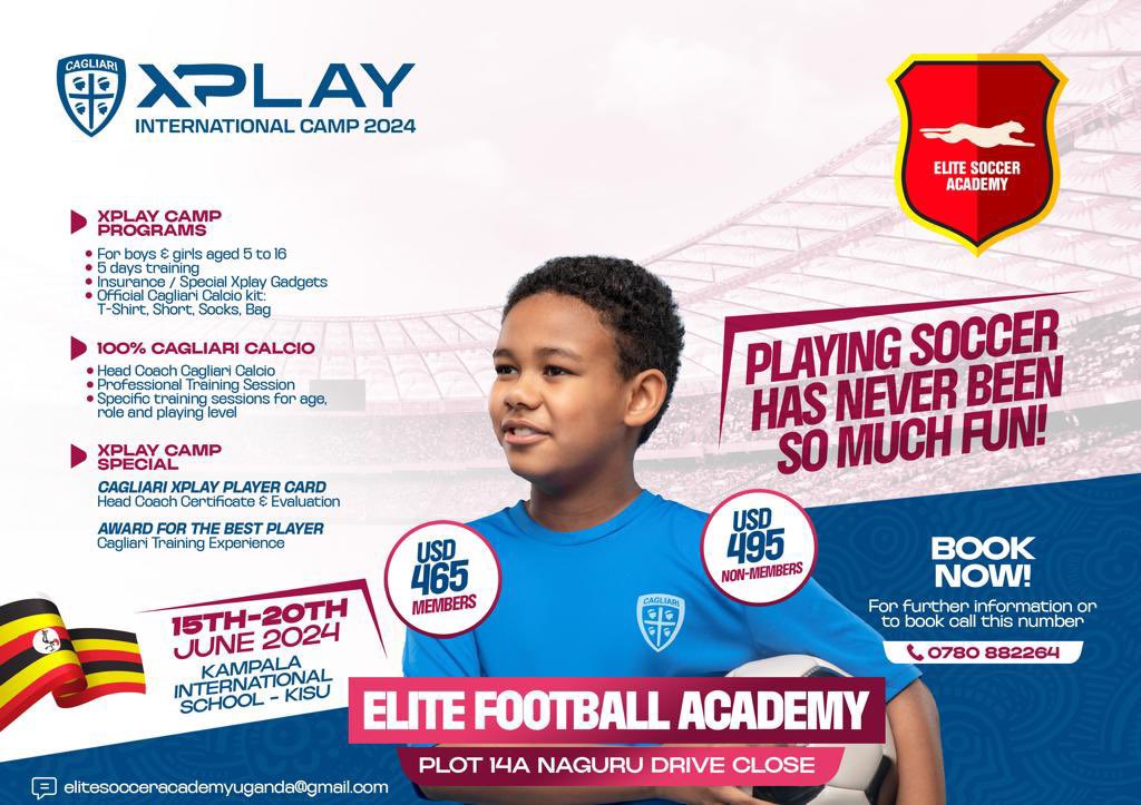 Have you registered your student athlete for the #EliteInternationalCagliariFootballCamp in Kampala from 15-19 June 2024 at KISU ? Let your child benefit from world class talent management without traveling abroad⚽️🇺🇬 call +256780882264 or pass by @takc @OfficialFUFA