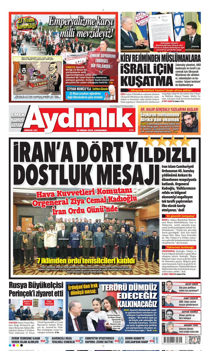 'İlişkilerimizi İlerleteceğiz İRAN'A DÖRT YILDIZLI DOSTLUK MESAJI' #Aydınlık – 24 Nisan 2024 Aydınlık, Türkiye'den Bakar Gerçekleri AYDINLIK Yazar aydinlik.com.tr