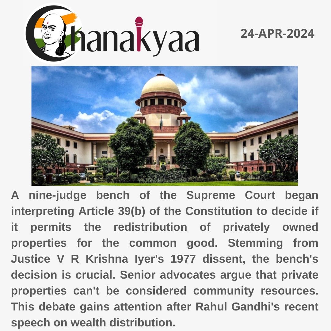 SC begins crucial interpretation of Article 39(b) on property redistribution. 

#SupremeCourt #Article39b #ConstitutionInterpretation #PropertyRights #RahulGandhiSpeech #SCInterpretation #Article39bDebate #ConstitutionalLaw #PropertyRights #RahulGandhiSpeech #SupremeCourtNews