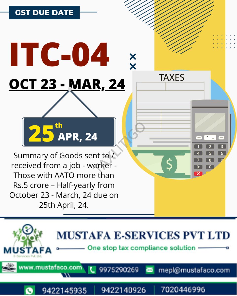 Summary of Goods sent to or received from a job- worker-Those with AATO more than Rs.5 crore - Half-yearly from Oct 23 - Mar, 24 due on 25th April, 24.

#ITC04 #InputTaxCredit #GSTCompliance #GSTFiling #GSTIndia #TaxCompliance #GSTReturns #InventoryManagement #TaxReconciliation