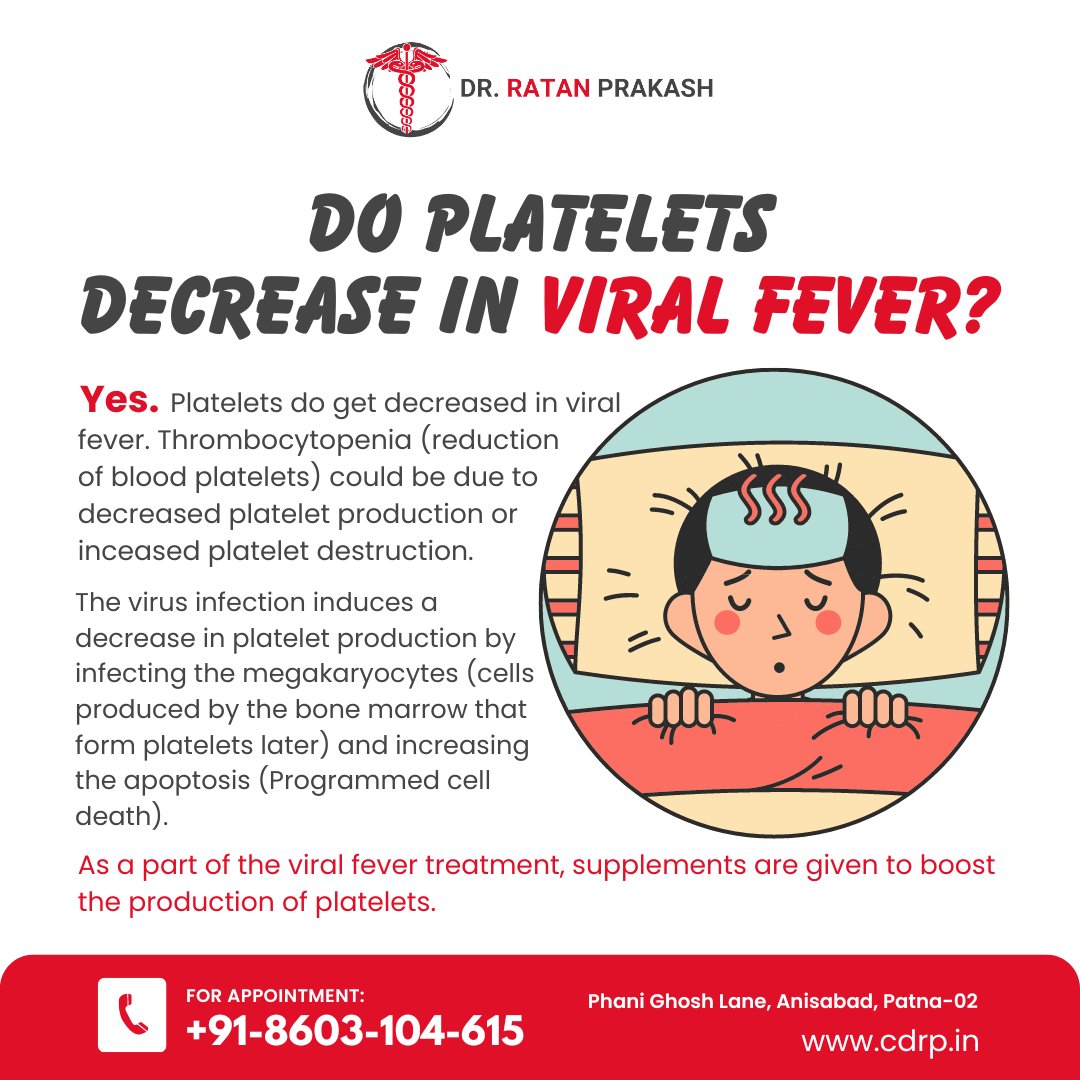 ratan_clinic's tweet photo. Platelet levels drop during viral fever, a condition known as #thrombocytopenia. The virus affects #platelet production and increases cell destruction, leading to decreased counts.
☎+91-9430-829-175
🌐https://t.co/6HLcmXF1Qn
#LowPlatelets #ViralFever #HealthTips #StayHealthy https://t.co/r1r5GoC2CQ