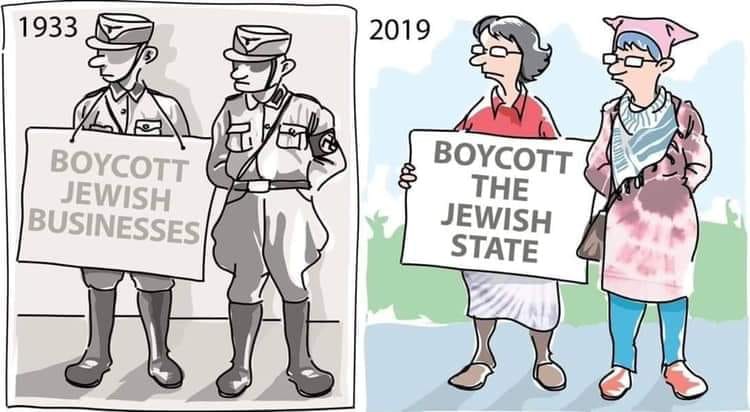 Zur Klarstellung...

Links: #Nazis 

Rechts: BDS-Neonazis

Im Jahr 2019 als diese Zeichnung entstand, beschränkten sich die BDS-Neonazis auf Boykottaufrufe gegenüber Israel.

Heute rechtfertigen sie öffentlich den Judenmord, die Vernichtung des jüdischen Staates und rufen sogar…