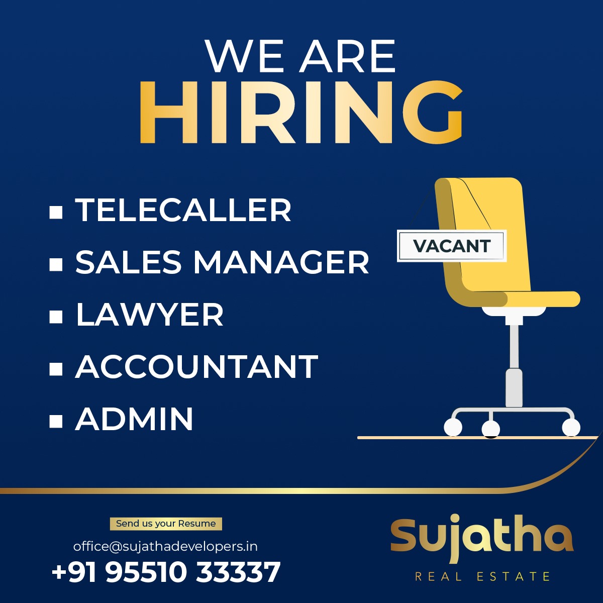 We Are Hiring | Sujatha Realestate

✅ Telecaller 
✅ Sales Manager 
✅ Lawyer 
✅ Accountant 
✅ Admin

Email: office@sujathadevelopers.in 
Call: +91 95510 33337

#telecaller #salesmanager #manager #lawyear #accountant #admin #job #jobhiring #jobsearch #vacant #kumbakonam