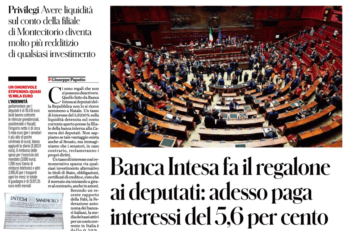 Apndp's tweet image. E come volevasi dimostrare: la dura vita dei #parlamentari.
#fattoquotidiano: a loro riconosciuto un tasso d’interesse del 5,625% quando la media dei tassi attivi per un conto corrente in #italia è dello 0,20%.
#eiopago…