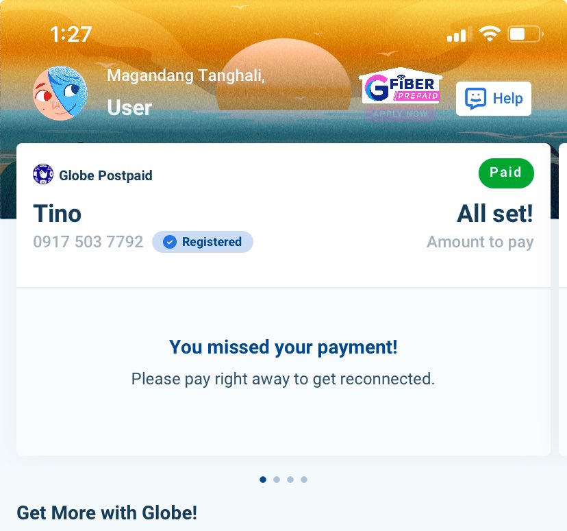 ONITS's tweet photo. @enjoyGLOBE kahapon pa ko nag bayad thru globe one until now wala pa din ako line sa calls at net! 211 is useless walang option to reconnect ng line. globeone is not online din. Galing lang ako sa bakasyon kasi. https://t.co/yTQNJoe4Yz