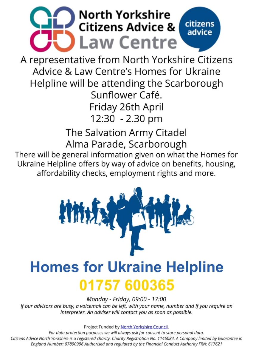 🇺🇦 A representative from our #HomesforUkraine team will be attending the Sunflower Café at The Salvation Army Citadel in #Scarborough on Friday 26th April 12.30 to 2.30pm If you need support with advice or information come and have a chat with us.