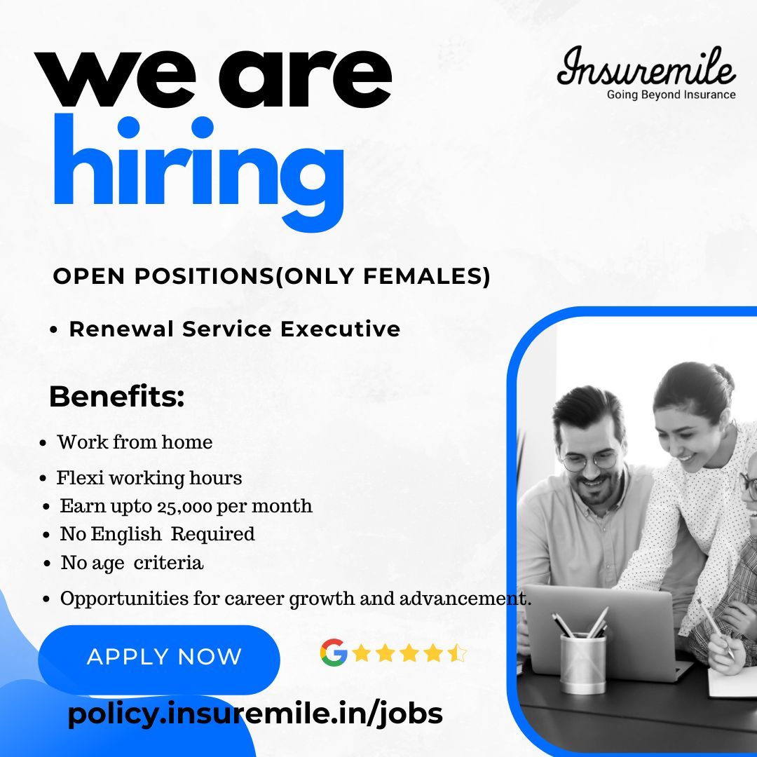 Join Insuremile as a Renewal Service Executive and play a key role in ensuring customer satisfaction and retention! Apply now or share with someone who might be a great fit for this role.

Apply now  buff.ly/3TvASlw

🌟 #InsuremileCareers #RenewalServiceExecutive
