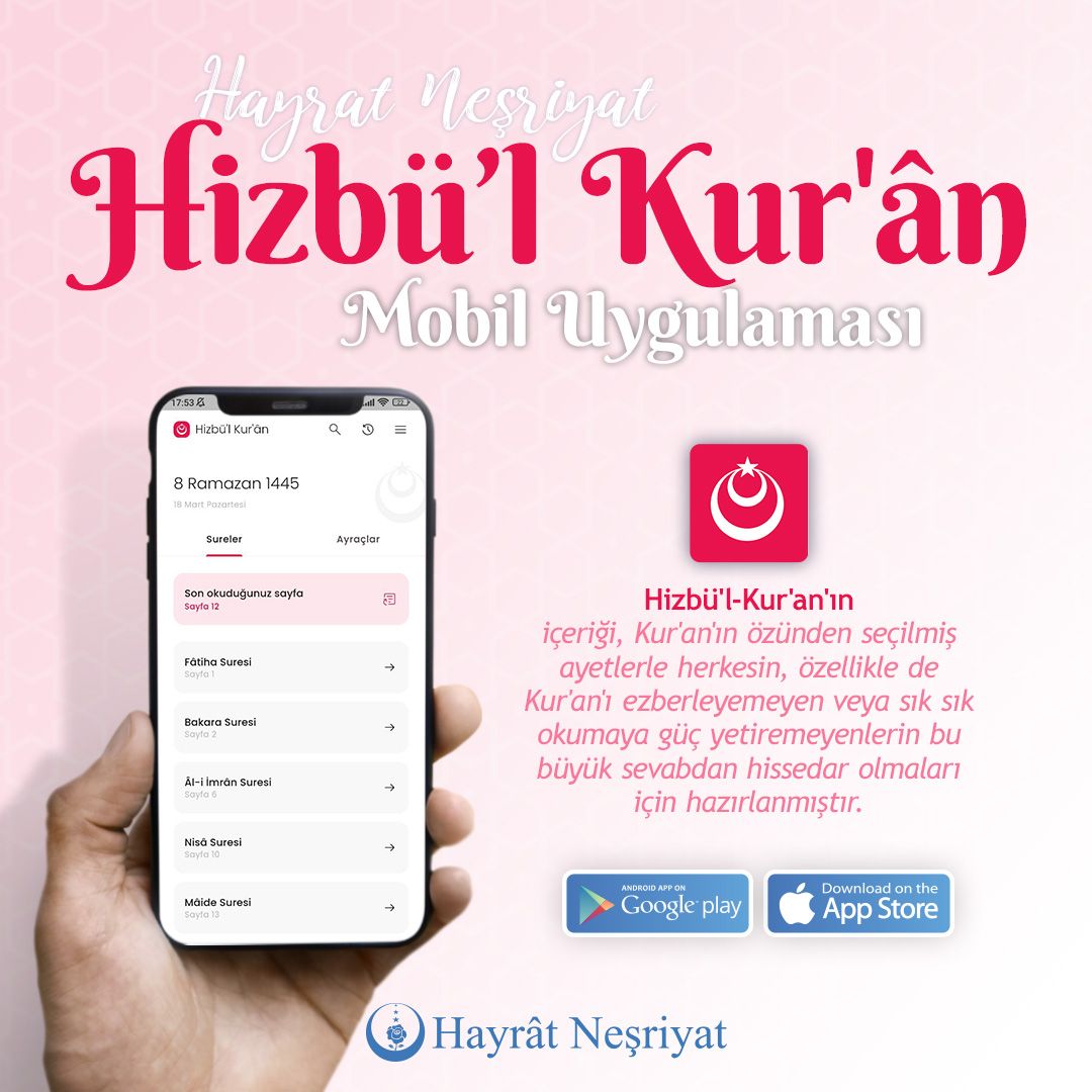 📱 Hizbü'l Kur'ân mobil uygulaması ile Kur'ân-ı kerimden derlenmiş ayetleri okumak artık çok kolay.

🔗 Google Play için: play.google.com/store/apps/det…

🔗 App Store için: apps.apple.com/tr/app/hizb%C3…

#hayratneşriyat #uygulama #mobil #googleplay #appstore