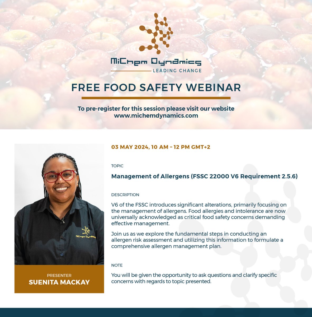 OUR FREE FOOD SAFETY WEBINAR SERIES FOR 2024 CONTINUES! Don’t miss out! Register here: us02web.zoom.us/webinar/regist…  Visit our website to pre-register for all our upcoming free food safety webinars: michemdynamics.com/food-safety-se…  #creatingabetterfuture #foodsafety #foodsafetyculture