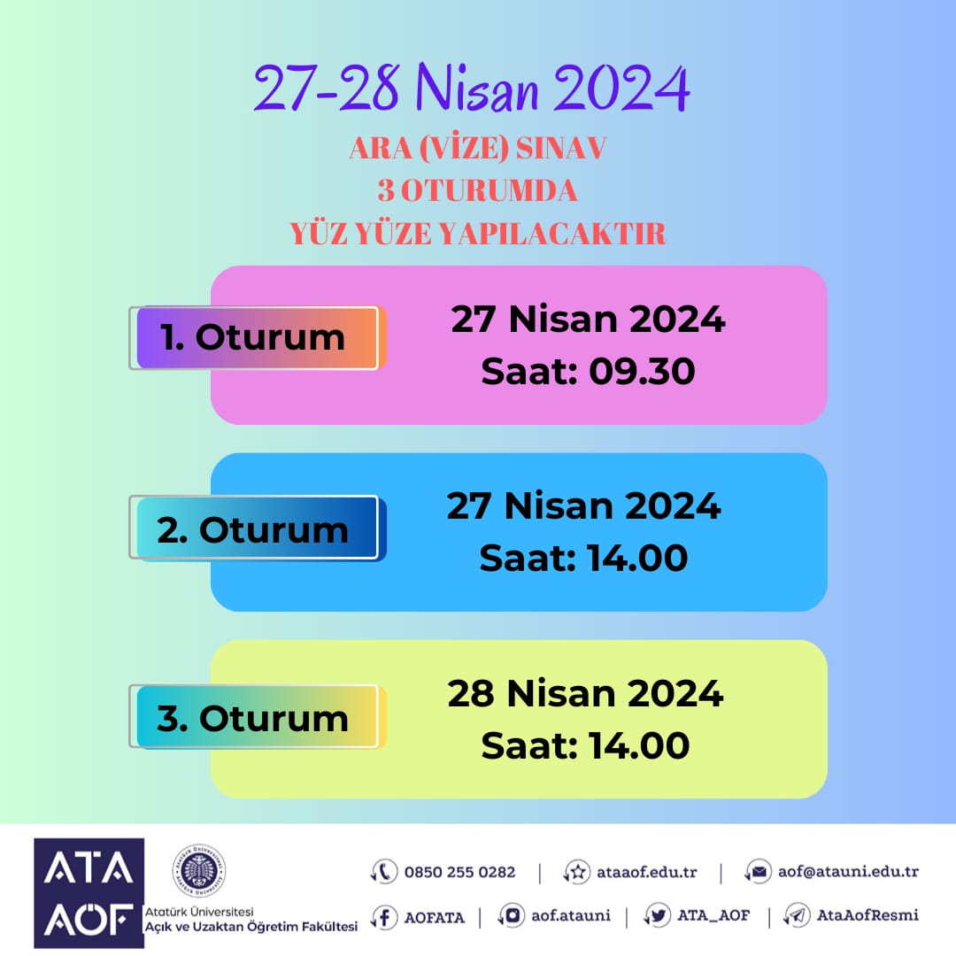 Ara (Vize) Sınavı 27-28 Nisan 2024 tarihlerinde yüz yüze gerçekleşecektir. #ATAAÖF #AçıkveUzaktanÖğretimFakültesi #VizeSınavı t.me/AtaAofResmi facebook.com/AOFATA/ instagram.com/aof.atauni/ @atauni1957