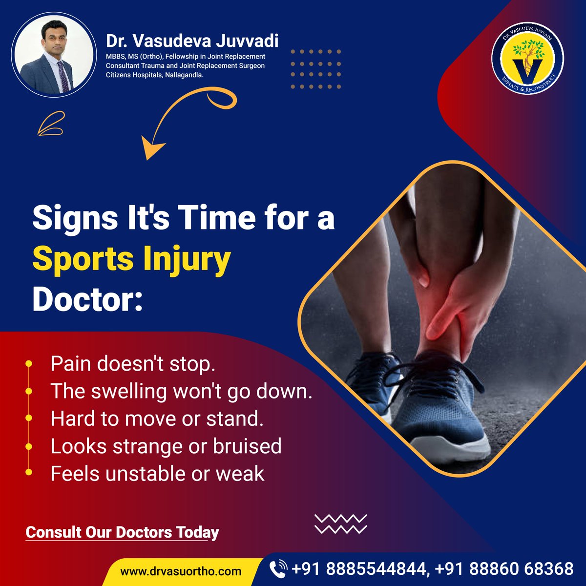 At Dr Vasudeva Juvvadi, we understand the frustration of being held back by injuries. Our team, led by Dr. Vasudeva Juvvadi, specialises in orthopaedics, focusing on getting you back in the game.

#OrthopedicExpert #sportinjury #swelling #injuries #OrthopedicCare #orthopaedics