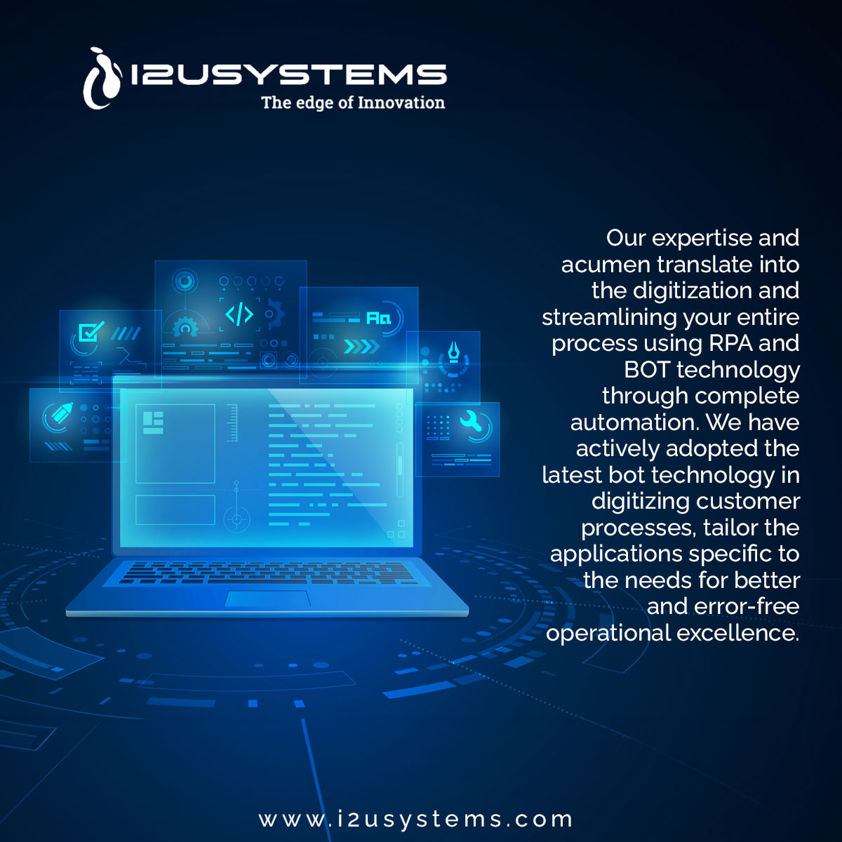 Our expertise and acumen translate into the digitization and streamlining your entire process using RPA and BOT technology through complete automation. #i2usystems #c2crequirements #w2jobs #directclient #IOT #artificial #acumen #digitization #BOT #automation #operational