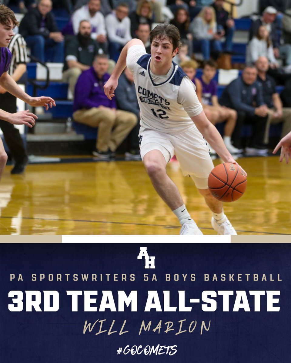AHSDAthletics's tweet photo. Congrats to @AHBoysHoops Will Marion &amp; Mason Fedor: Class 5A PA Sportswriters All-State Team! It was a historic season that saw the Comets finish 26-1 &amp; ranked 13th overall in the PA State rankings by MaxPreps. We are #CometProud of you! https://t.co/VUVYzM7gYT...
#GoComets☄️ https://t.co/xTALEzDmR0