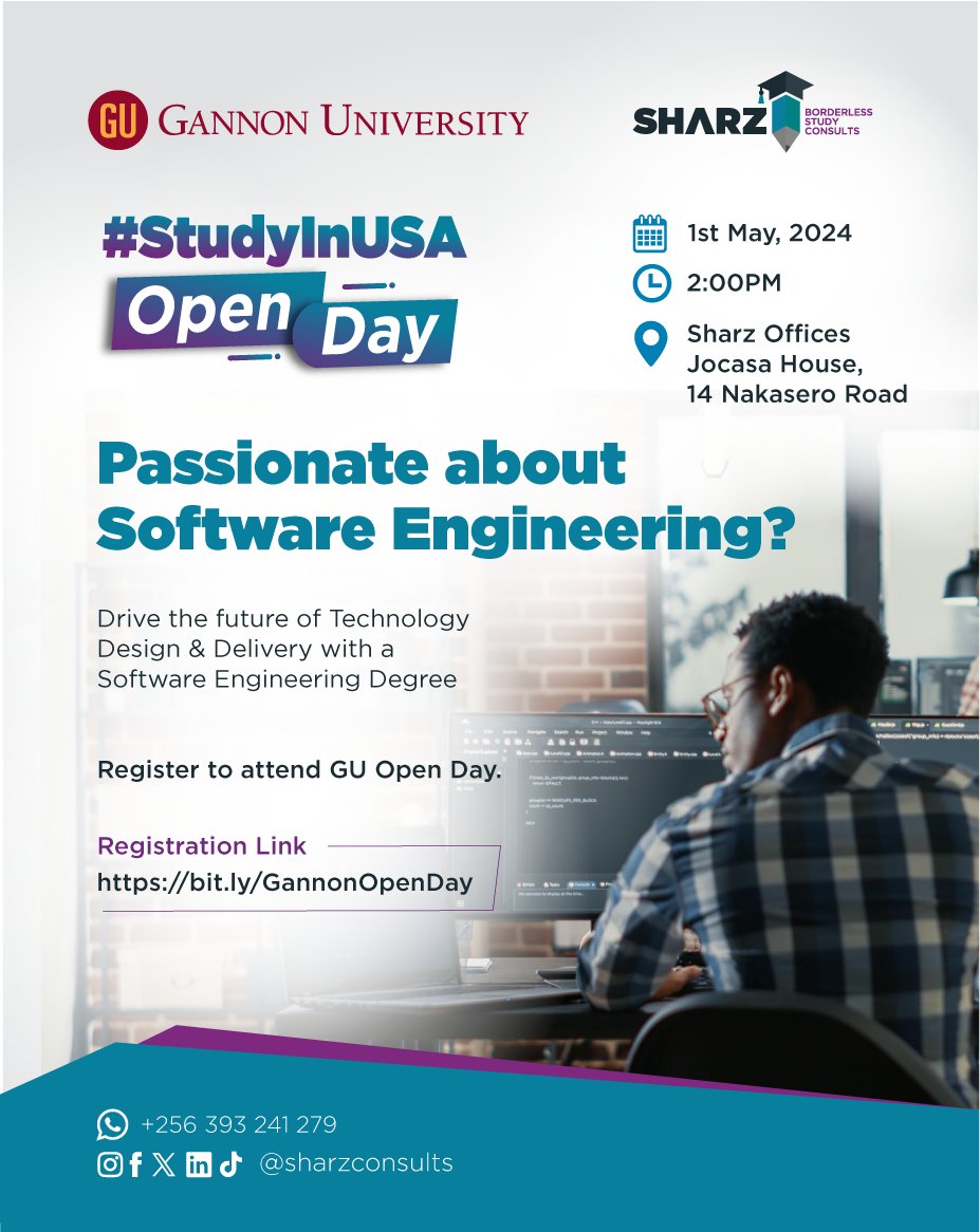 Drive the future of technology and design in USA.
Get access to information on how to enroll in a Software Engineering Degree during @GannonU Open Day on Wednesday, May 1st, at Sharz Office.

Register to be a part: bit.ly/GannonOpenDay

#StudyInUSA #StudyAbroadWithSharz