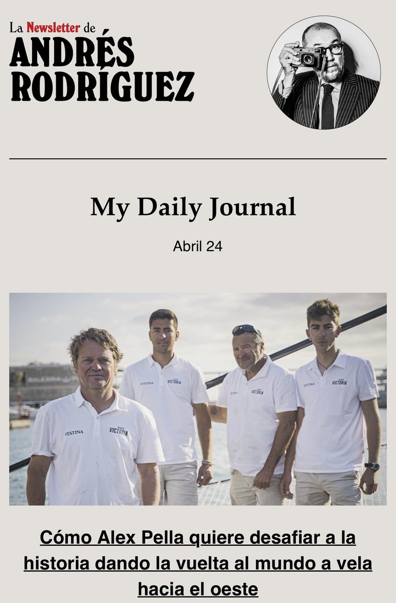 Hoy mi newsletter abre con la aventura de Alex Pella de dar la vuelta al mundo a vela hacia el oeste.
Lo cuenta muy bien <a href="/NautikMagazine/">NautikMagazine</a> 
¡Suscríbete!

app.clientify.com/email-marketin…