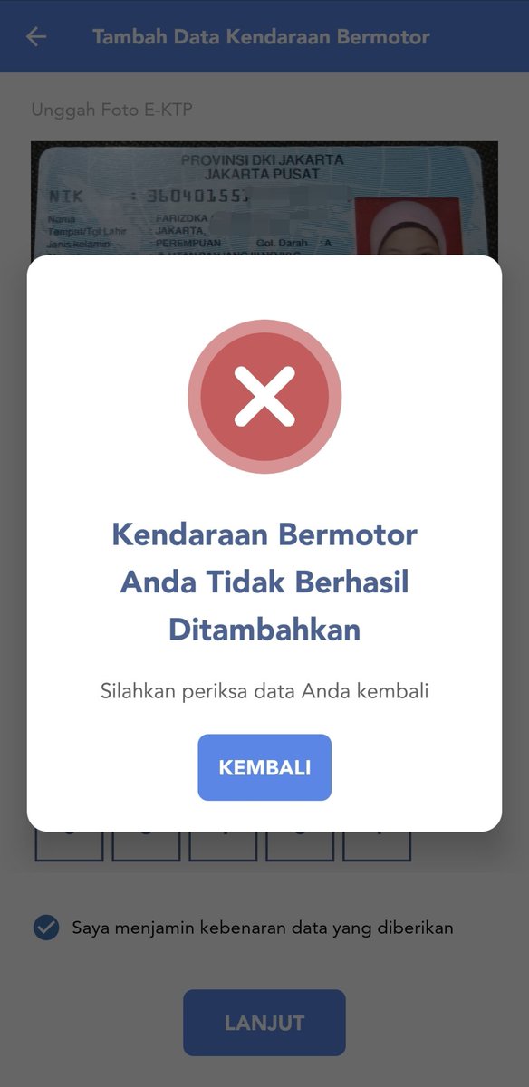 Platipusbiru's tweet photo. @TMCPoldaMetro halo, mohon bantuan saya mau tambah data kendaraan, selalu gagal. Apa yg perlu saya lakukan? https://t.co/JjbMC03SSG