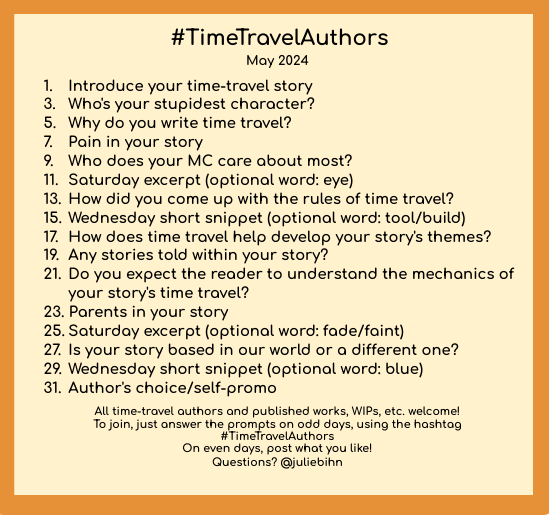 juliebihn's tweet photo. Next month's prompts, #TimeTravelAuthors! #WritingPrompts #WritingQs #WritingCommunity https://t.co/l3U3fEn9oq