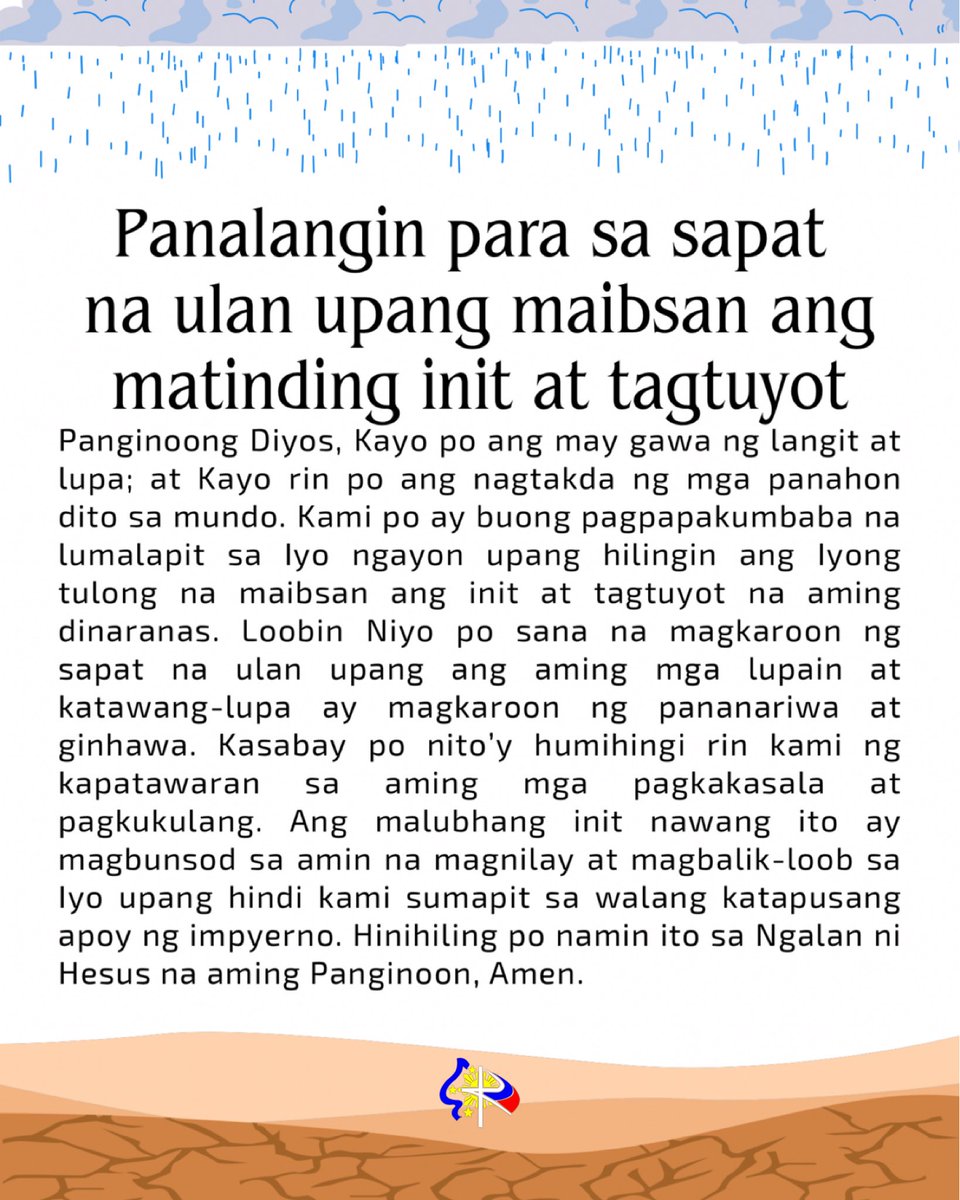 Panalangin para sa sapat  na ulan upang maibsan ang matinding init at tagtuyot. 🙏

+Sa Ngalan ng Ama, at ng Anak, at ng Espiritu Santo, Amen. 

#HeatIndex #InitFactor #ExtremeHeat