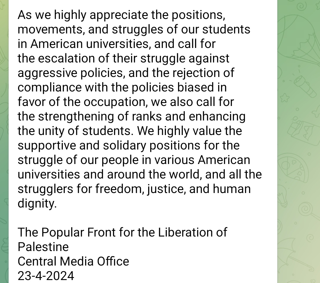 OK so the PFLP has released a statement about the 'Liberated Encampment Zones' at Columbia and other campuses, and I just have one question: What the hell does 'our students in American universities' mean?