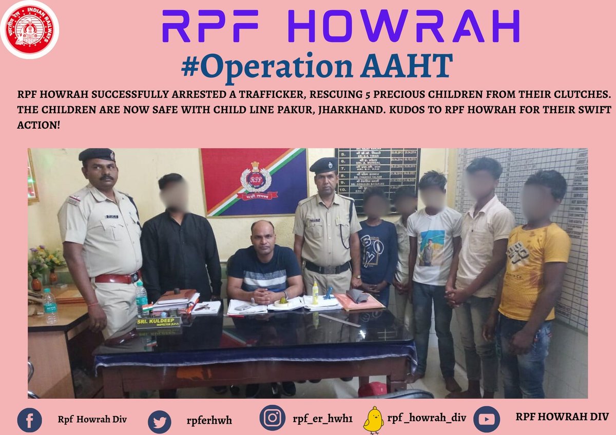 #OperationAAHT @ErRpf @RPF_INDIA @drmhowrah RPF Howrah successfully nabbed a trafficker, rescuing 5 precious children from their clutches. The children are now safe with Child Line in Pakur, Jharkhand.