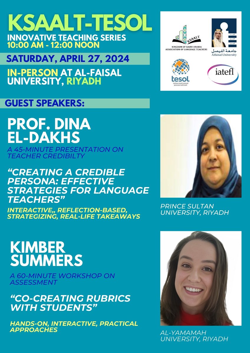 LCRL_PSU's tweet image. Prof. Dina El-Dakhs will deliver &quot;Creating a Credible Persona: Effective Strategies for Language Teachers&quot; based  on a KSAALT invitation. 

Saturday, April 27, 2024  
10.00 a.m. 
AlFaisal University - BG 68 Ground Floor

Google Map:                     maps.app.goo.gl/gpuk8w6th2tNek…