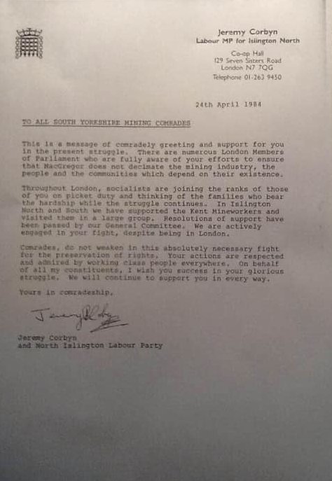 #OnThisDay 1984. Labour MP @jeremycorbyn sends a message of solidarity to South Yorkshire miners during #MinersStrike