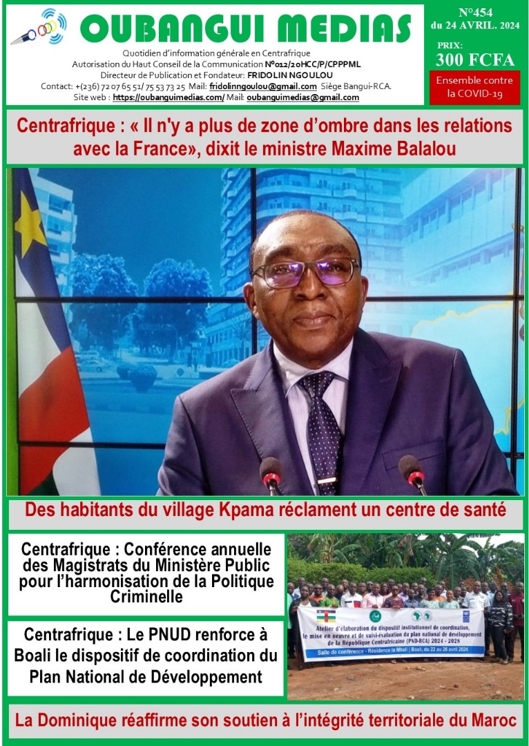 #Centrafrique: Une de l'Oubangui Médias du mercredi 24 avril 2024.
@UN_CAR @FranceBangui @RFIAfrique @fridolinngoulou