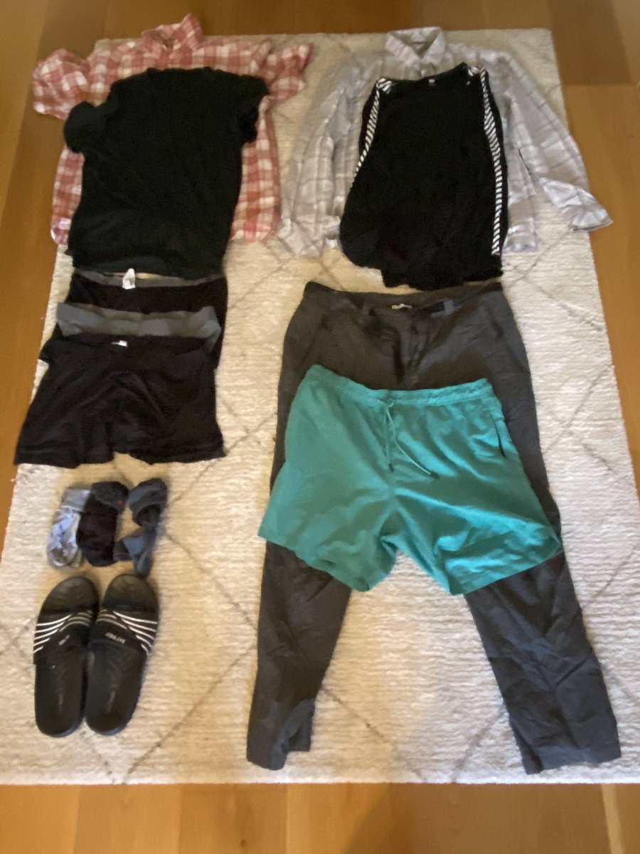 Getting ready to re start the #camino from #Bordeaux. These are my clothes carried. Plus a lite weight fleece jacket.  #caminodesantiago #CaminodeSantiago