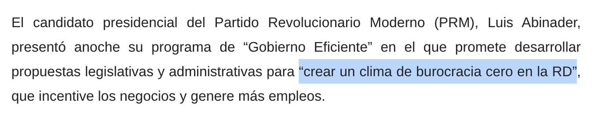 RaulBaz's tweet photo. Estimada @ZoraimaCuello, aplaudí tu presencia en el #ANJEDebate, pero debo señalar que datos incorrectos pueden opacar la mejor de las intervenciones. El programa "Burocracia Cero" es una iniciativa del PRM desde 2015, presentada por @luisabinader. Rectificar es de sabios y refuerza nuestra democracia. Espero que este importante detalle sea aclarado.

Comparto enlaces de notas que sustentan lo que afirmo, al igual que un Tweet de 2015 como respaldo:

🔗Enlace del Tweet presentado por @orlandojm (DEP) en el 28 de octubre de 2015: https://t.co/KpviQPkdzX

🔗Enlace de @acentodiario  del lanzamiento de "Burocracia Cero" en 29/10/2015: https://t.co/2WRU5eOpi6

🔗Enlace de @PeriodicoHoy  del lanzamiento de "Burocracia Cero" en 29/10/2015: https://t.co/o1VrT8uOmO