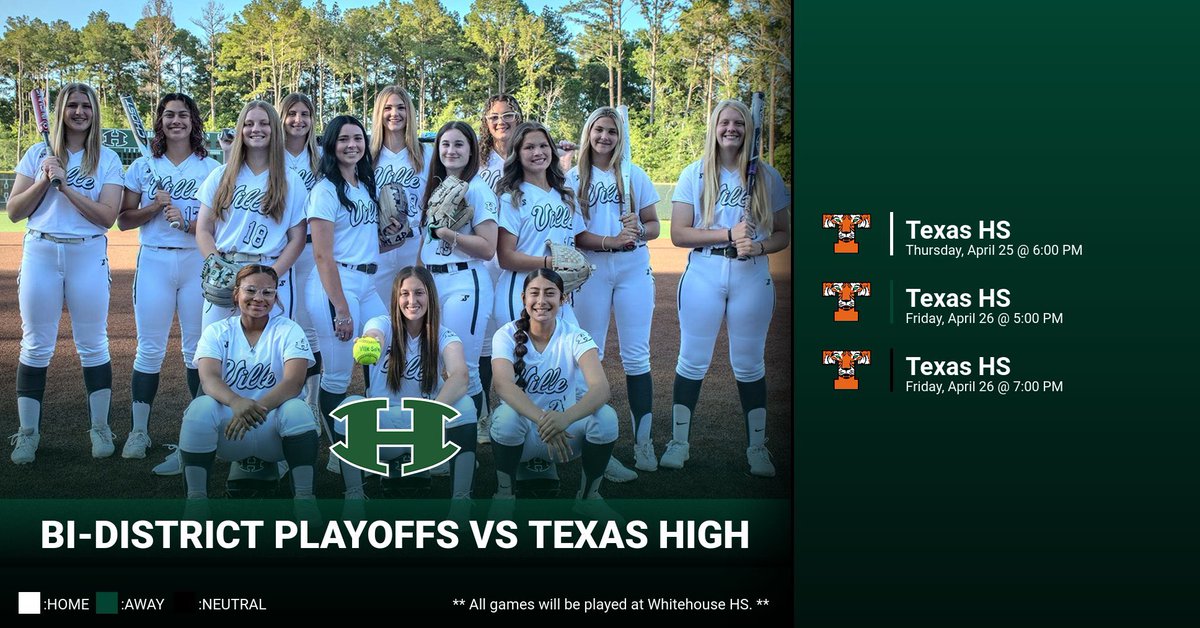 Bi-District Playoff Info:

Round 1 vs Texas High 
@ Whitehouse HS
Thursday, April 25th @ 6PM 
Friday, April 26th @ 5:00/7:00 

Huntsville is HOME on Thursday 
 ** 3B Side ** 

🎫 $5.00 Adults & $3.00 students 

Be There, Be Loud, & Let’s Go!! 

#LockIn #GoAndTakeIt 💚🥎🖤