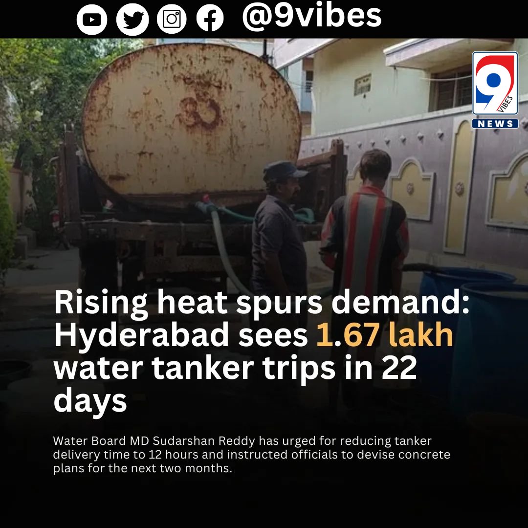 Hyderabad's scorching summer drives up demand for water tankers!  In just 22 days this April, the Water Board has already recorded 1.67 lakh trips, highlighting the urgency for water supply amidst rising temperatures. #Hyderabad #WaterScarcity #SummerHeat #WaterTankers