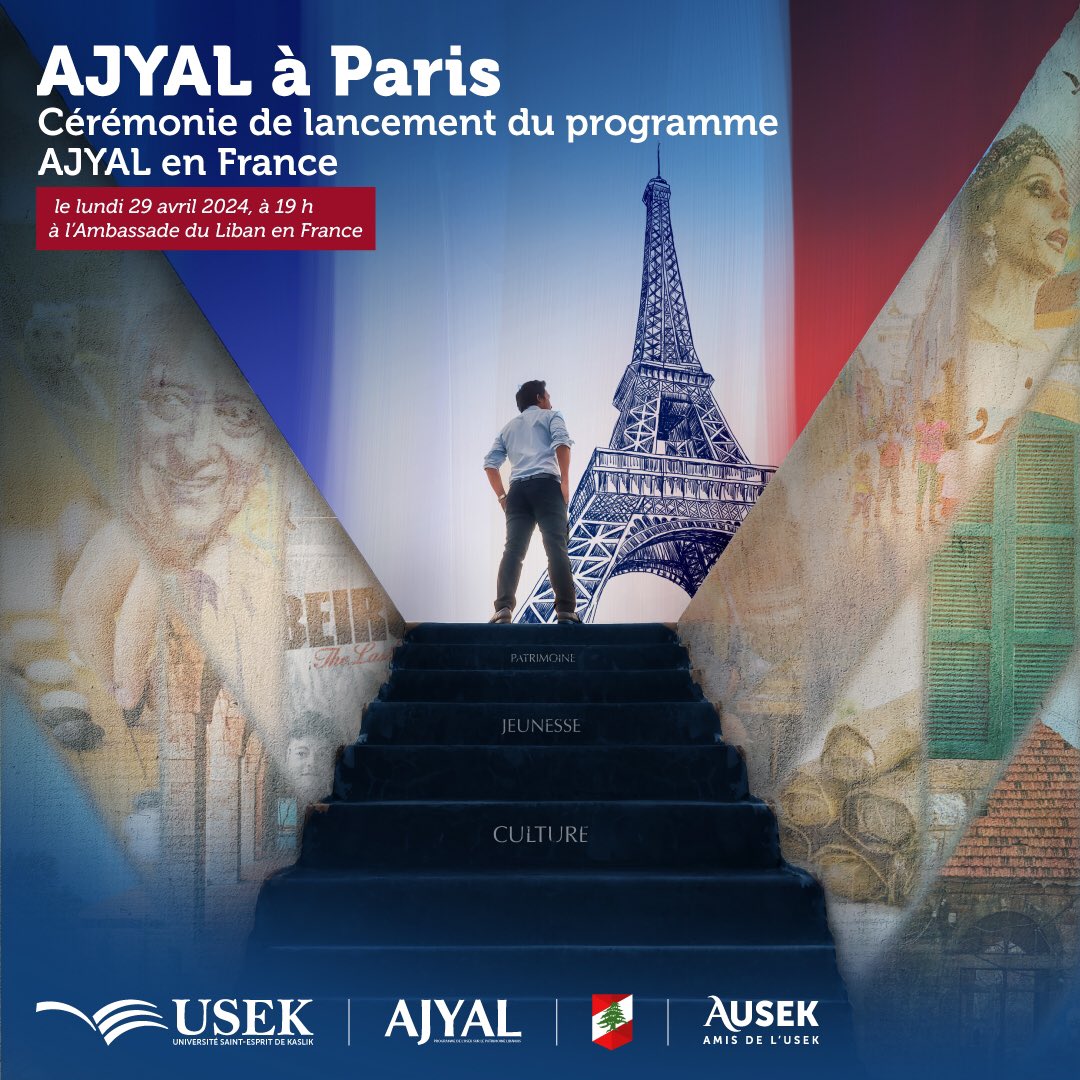 USEKOfficial's tweet photo. AJYAL in Paris! AJYAL program by USEK will be launched in France on
Monday April 29, at 7:00 pm at the Lebanese Embassy in France during an evening of discovery and celebration of the Lebanese heritage. https://t.co/GAHEp7vlAu