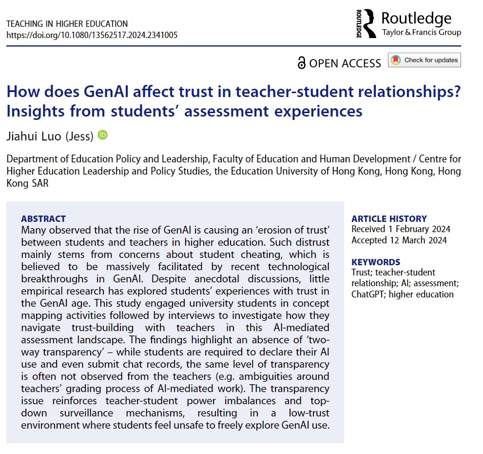 Another really interesting paper from @JiahuiLuo_Jess: x.com/jiahuiluo_jess… How does #GenAI affect trust in teacher-student relationships? #AIEd