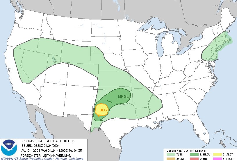 12:40am CDT #SPC Day1 Outlook Slight Risk: across portions of west Texas this evening spc.noaa.gov/products/outlo…