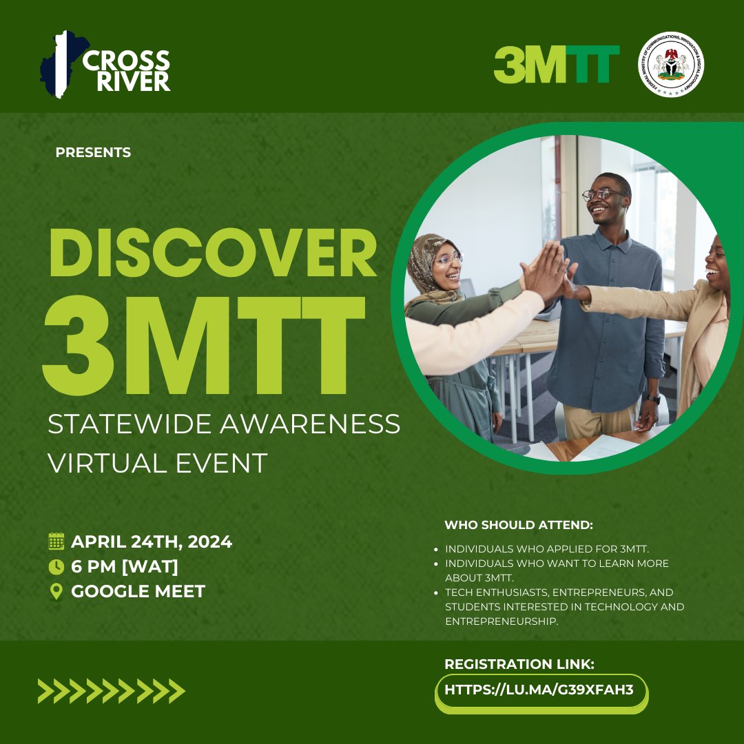 📢 Discover 3MTT: Virtual Awareness Event!

🗓 Date: April 24, 2024
⏰ Time: 6:00 PM (WAT)
📍 Platform: Google Meet

Registration Link: lu.ma/g39xfah3

#3MTT #TechCommunity #VirtualEvent #Innovation #Networking #TechEnthusiasts #Entrepreneurship #StayEngaged