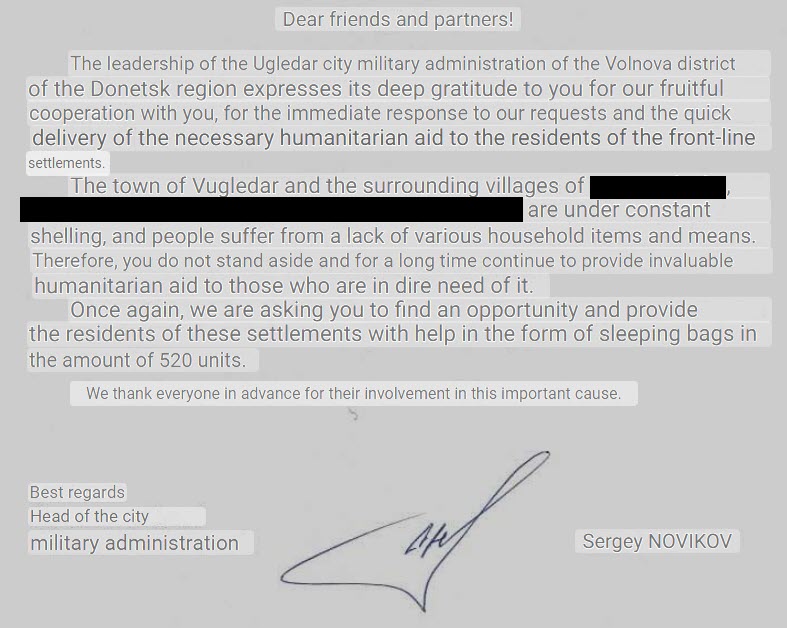 As part of transparency: Here is the 1st of 2 requests for aid from the Vugledar administration for 520 sleeping bags for the people in the cellars/shelters of 5 villages in the immediate vicinity of the front line. Even though the villages are now blacked out, we will of course