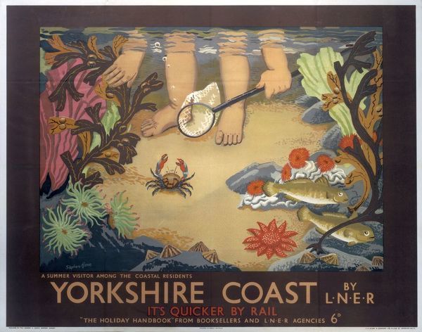 One of the most unusual posters produced by the LNER to advertise the Yorkshire Coast: A fantastic crab's eye view of a child paddling in a rockpool.