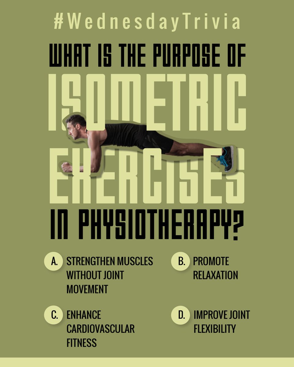 Put your physiotherapy knowledge to the test with our #WednesdayTrivia. Share your answer in the comments.

#IsometricExercise #RVCP #RVEI #GoChangeTheWorld