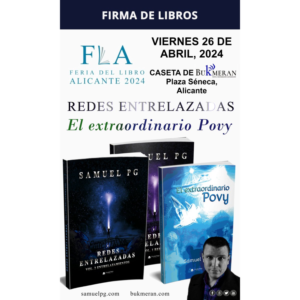 SamuPG_escritor's tweet photo. Vuelvo a la #feriadellibro de #Alicante de la mano de #Bukmeran para acercarme a vosotros, amigos, vecinos y lectores. ¡Os espero a todos, curiosos!

#samuelpg #escritor #ficción #firmas #libros #redesentrelazadas #elextraordinariopovy https://t.co/7pB66PG7Ho