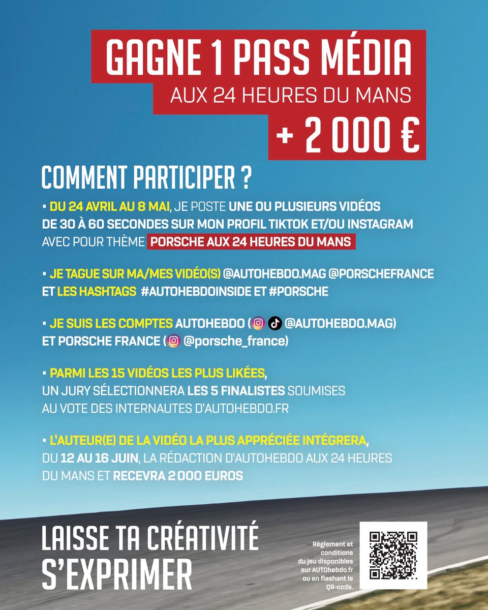 🔴 GRAND JEU-CONCOURS VIDÉO ! 🔴 Autohebdo et @Porsche_France t'offrent un pass média pour les 24 Heures du Mans et 2 000 € ! Pour jouer, rien de plus simple, crées une vidéo sur TikTok ou Instagram ayant pour thème Porsche aux 24 Heures, tag et suis les comptes Autohebdo et…