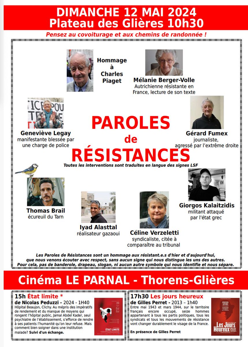 Programme complet de 'Paroles de Résistances' aux Glières les 10, 11 et 12 mai ! Conférences, théâtre, expos, cinéma en présence de @edwyplenel , Geneviève Legay, @Francois_Ruffin , Céline Verzeletti, @AA_Avocats et une vingtaine d'autres invités.