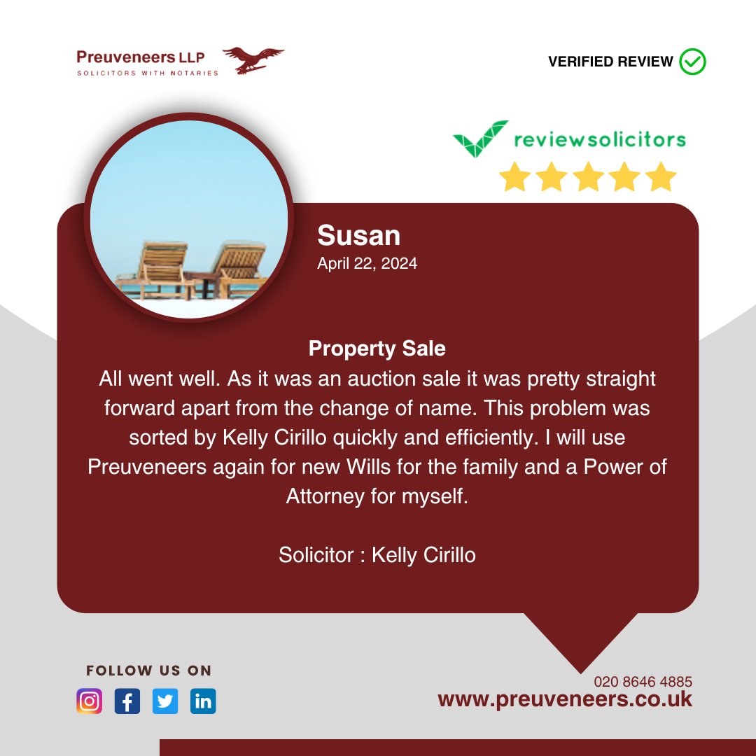 'We are thrilled to share this wonderful feedback from our  client, Susan. We greatly appreciate your trust and confidence in our services at Preuveneers Solicitors. Th #ClientReview #PreuveneersSolicitors #HappyClient'