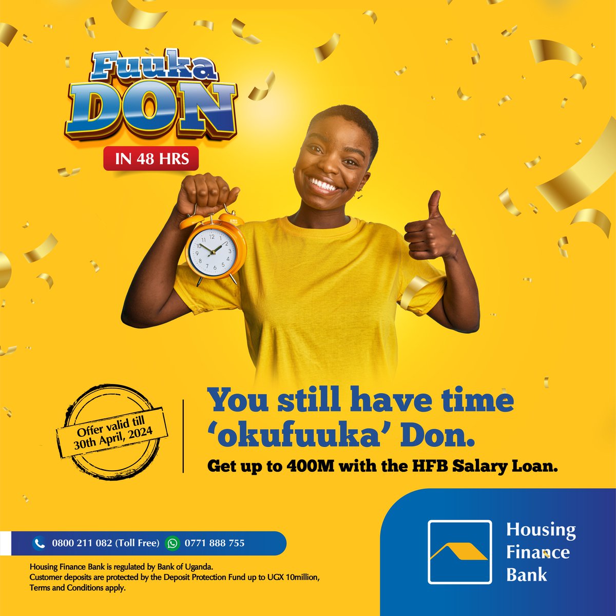 It is not too late to make the most of 2024. Access up to UGX 400M through the HFB Salary Loan to get the boost you need for your business or personal needs.

Visit bit.ly/3Sou5e3 or call 0800 211 082 to apply today.

#WeMakeItEasy