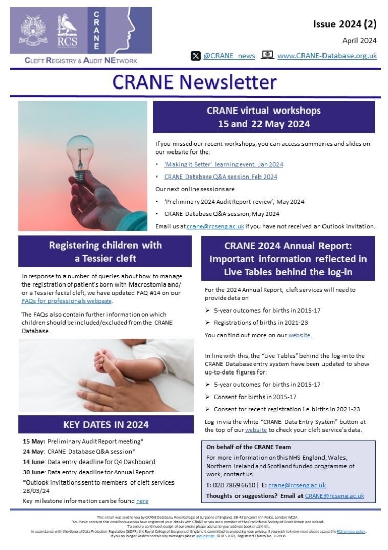 CRANE (@crane_news) on Twitter photo 📰 Read our Spring Newsletter for the latest <a href="/CRANE_News/">CRANE</a> updates and information
📅 Including our upcoming ‘CRANE Preliminary Audit Report’ session 15 May 2024
Download your copy here 👉 crane-database.org.uk/news/crane-new…
<a href="/CRANE_News/">CRANE</a> is a <a href="/CLAPACOMMUNITY/">Cleft Lip and Palate Association</a> & <a href="/CFSGBI/">CFSGBIconference</a> collaboration 📰 Read our Spring Newsletter for the latest <a href="/CRANE_News/">CRANE</a> updates and information
📅 Including our upcoming ‘CRANE Preliminary Audit Report’ session 15 May 2024
Download your copy here 👉 crane-database.org.uk/news/crane-new…
<a href="/CRANE_News/">CRANE</a> is a <a href="/CLAPACOMMUNITY/">Cleft Lip and Palate Association</a> & <a href="/CFSGBI/">CFSGBIconference</a> collaboration